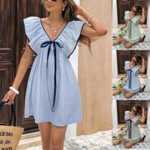 New V-neck Ruffled Flutter-sleeve Dress