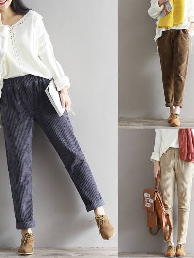 Large Size Women's Art Fan Xian Thin Corduroy Pants Autumn And Winter Loose Casual Trousers