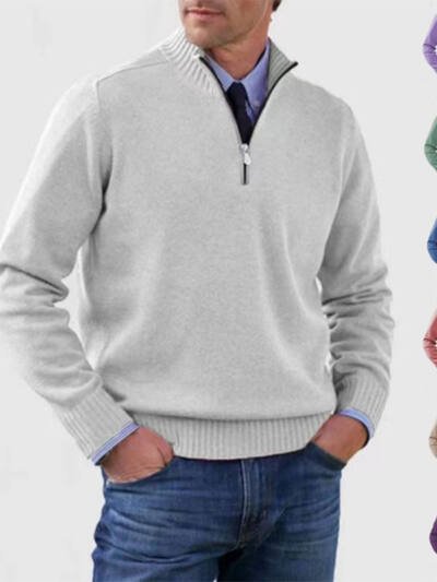 Men's Stand Collar Zipper Sweater Winter Fashion Solid Color Long Sleeve Knitted Top Clothing