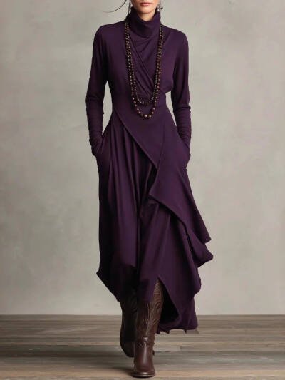 Women's Solid Color Cross-sleeve High-neck Dress