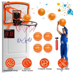 1Set Indoor Mini Basketball Hoop Set Over Door Basketball Hoop With 4 Inflatable Balls Electric Audio Scorer Foldable Basket Gift For Kids And Adults