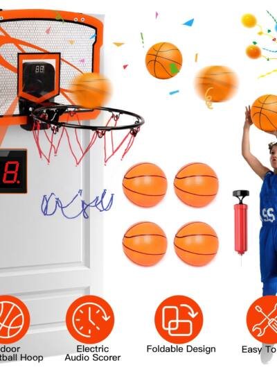 1Set Indoor Mini Basketball Hoop Set Over Door Basketball Hoop With 4 Inflatable Balls Electric Audio Scorer Foldable Basket Gift For Kids And Adults