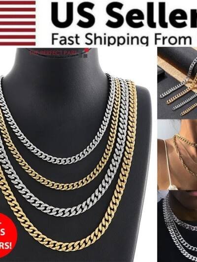 Stainless Steel Gold Silver Chain Cuban Curb Womens Mens Necklace