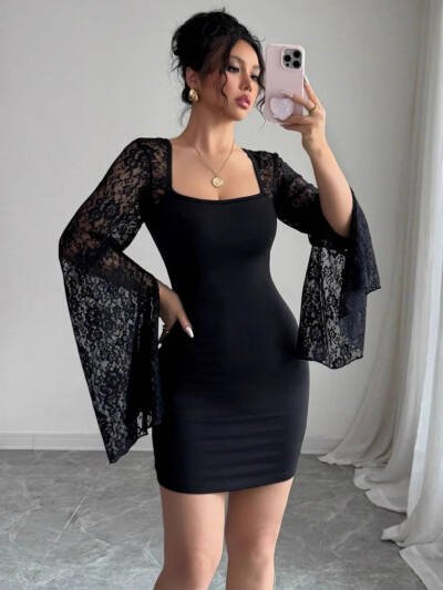 Bell Sleeve Split Solid Color Lace Stitching Square Collar Hip Dress