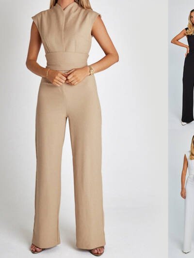Fashion Elegant Long Sleeveless Jumpsuit Summer V-neck Casual Wide Leg Long Overalls Clothing For Women