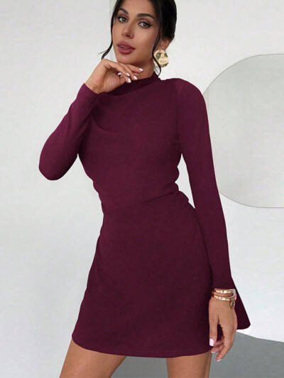 Fashionable Slim-fit Long-sleeve Mock-neck Stretch A-line Skirt