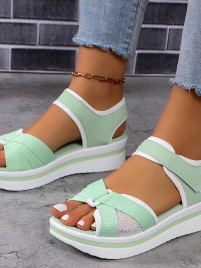 Summer Mesh Cross-strap Sandals With Velcro-design Thick Sole Flats Beach Shoes Women
