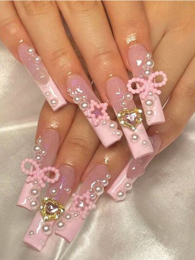 24 PCS Bowbowknot Nail Art, Long Length Long Water Pipe Fake Nails,Square Head Nail Tips False Nail