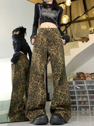 Women's American-style Vintage Leopard Print Wide-leg Jeans