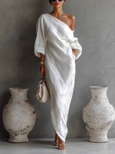 Irregular Off-shoulder Long Dress Fashion Elegant Long-sleeved Dresses Women's Beach Vacation Clothing