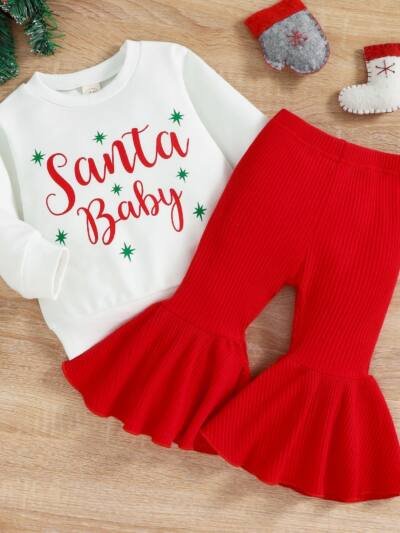 Christmas Autumn And Winter Girl Letter Jumpsuit Velvet Stitching Plush Bell-bottom Pants Children Suit