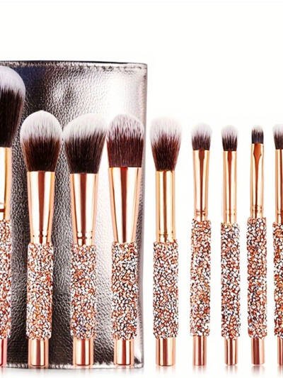 10Pcs Luxury Makeup Brush Set Diamond Rivet Handle Design Crystal Makeup Brush, For Face And Eye Makeup Brush Professional Foundation Concealer Eye Shadow Makeup Tool