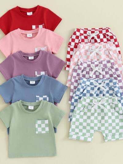 Baby's Casual Short-sleeved Plaid Shorts Suit