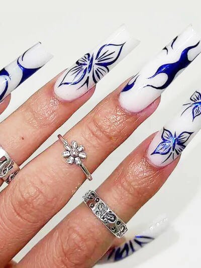24 PCS Blue Butterfly Art, Long Length Long Water Pipe Fake Nails,Square Head Nail Tips False Nail
