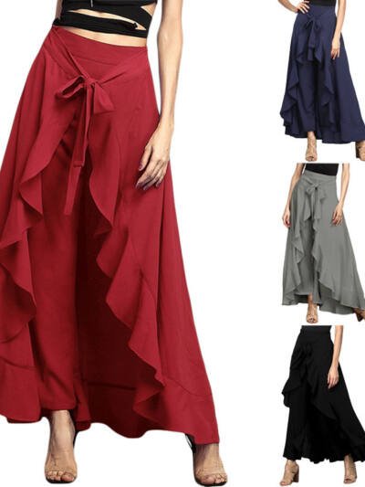 Irregular Ruffled High-Waist Lace-Up Trousers