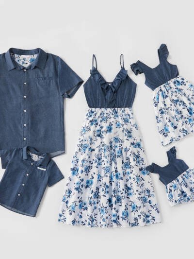 Family Matching Family Denim Sling Skirt Baby Girl Mom Dad Boy Boy Shirt Parent-Child