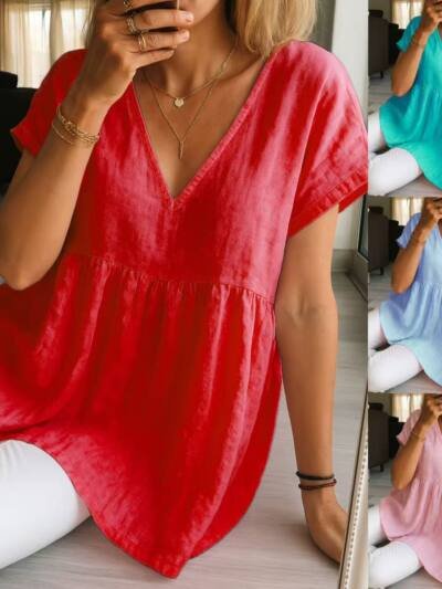 Women's Casual Loose-Fit Fashion Cotton-Linen Short-Sleeve Top