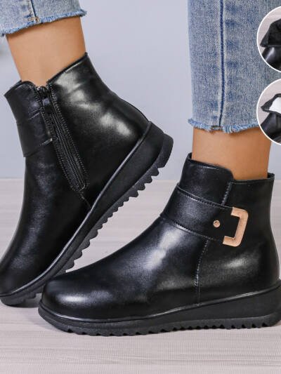 Winter Fleece Boots With Side Zipper Design Fashion Simple Non-slip Ankle Boots For Women Warm Pu Leather Shoes