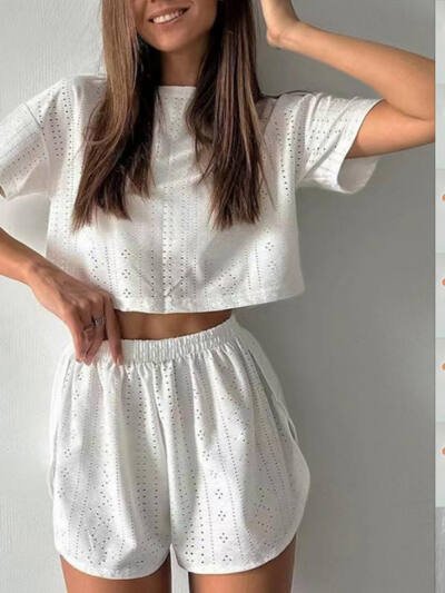 2pcs Casual Hollow Suit With Short-sleeved Crop Top And Elastic Slit Shorts Summer Fashion Sport Clothing For Women