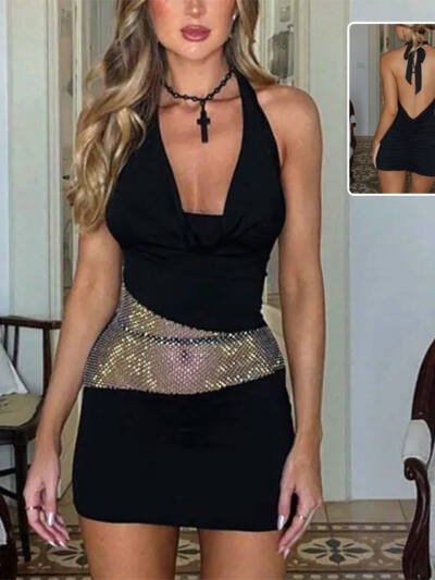 Sexy Slim Deep U-neck Dress With Sequin Mesh Patchwork Design Ins Fashion Halter Short Dresses Women's Clothing