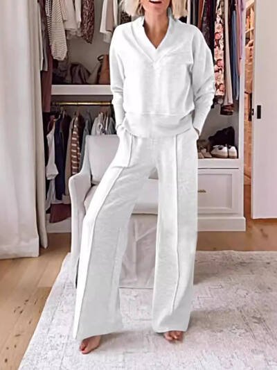 Women's V-neck Long Sleeve Loose Top Two-piece Set