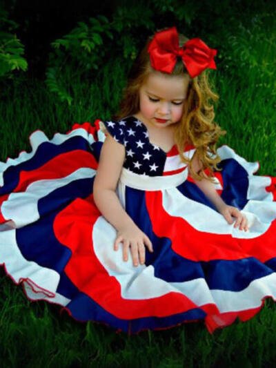 Toddler Girls' Independence Day Dress Red White & Blue Stripes And Stars Short Sleeve Twirl Dress 4th Of July