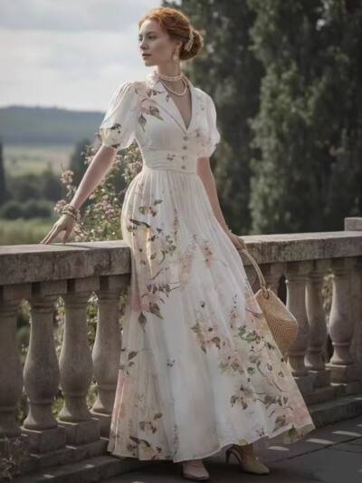 Women's Palace Style Printed Dress High Waist