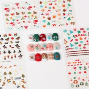 30sheet GlossyBlossom 3D Christmas Nail Stickers – Korean Made Holiday Nail Art Decals For Festive DIY Manicure, Santa, Reindeer, Snowflake & Tree Designs