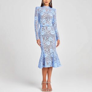 Slim Fit Slimming See-through Lace Hollow Belt Long Sleeve Fishtail Dress