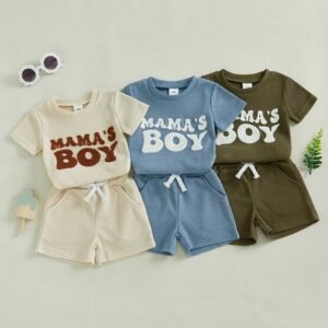 Waffle Towel Embroidery Short Sleeve Shorts Suit