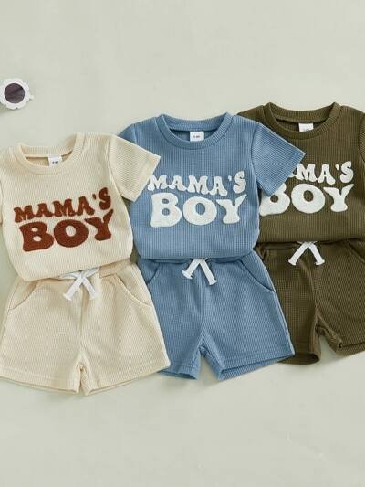 Waffle Towel Embroidery Short Sleeve Shorts Suit