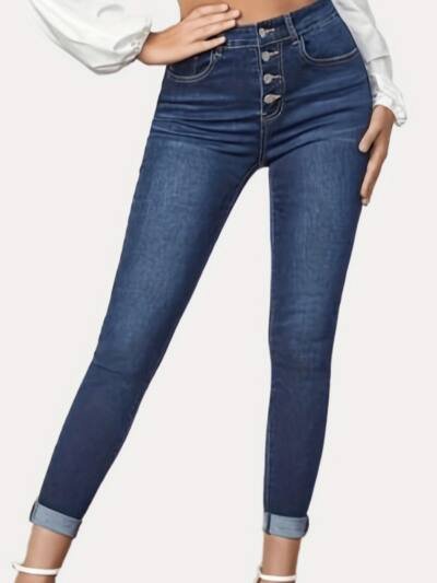 Contrast Color Slim Fit Stretch Rolled Hem Cropped Jeans
