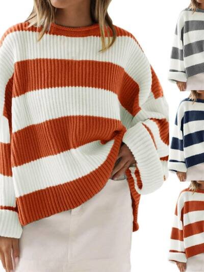 Loose Striped Sweater Fashion Casual Long Batwing Sleeve Round Neck Pullover Knit Tops Women Clothing