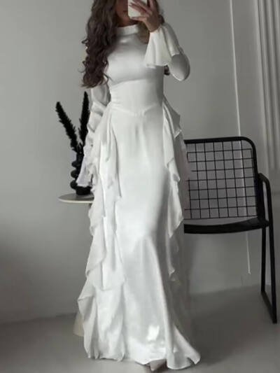 Women's Round-neck Flared Sleeves Temperament High Waist Slimming Patchwork Dress