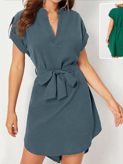 V-neck Short Sleeve Dress With Belt Summer Fashion Bowknot Dresses For Women Clothing