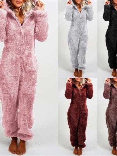 Fleece-lined Thickened Furry Jumpsuit Hooded Pajamas