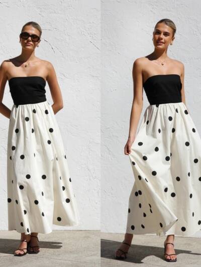 Polka Dot Print Stitching Chest Wrap A- Line Dress