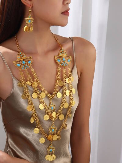 1set Fashion Retro 18k Gold Tassel Necklace Earrings Coin Middle East Set Multi-layer Set, Suitable For Holiday Gifts, Gatherings And Weddings To Wear