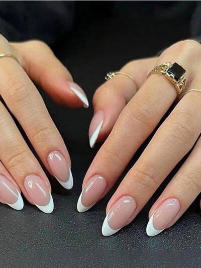 24 PCS Minimalist Nail Art With Short Circles Press On Nails Short Almond Fake Nails Oval French Tip False Nails