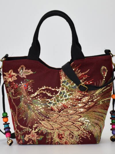 Canvas peacock embroidery small handbag