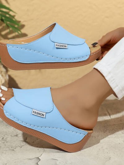 Summer Wedge Slides Slippers Fashion Fish Mouth Thick Bottom Roman Shoes Solid Color Beach Sandals For Women