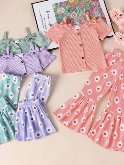 Girls' Sling Shirt Wide Leg Pants Suit