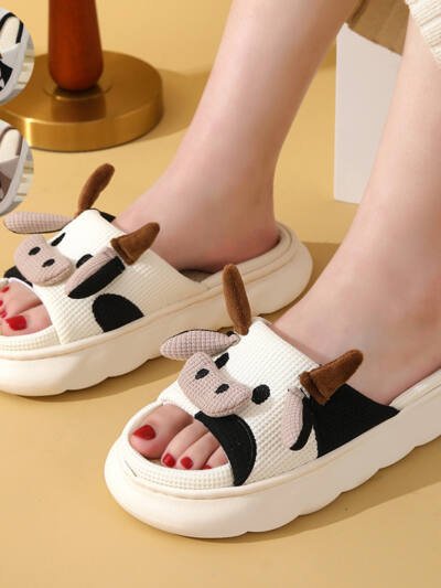 Cute Cartoon Cow Frog Slippers Linen Non-slip Shoes Indoor Garden Home Slippers