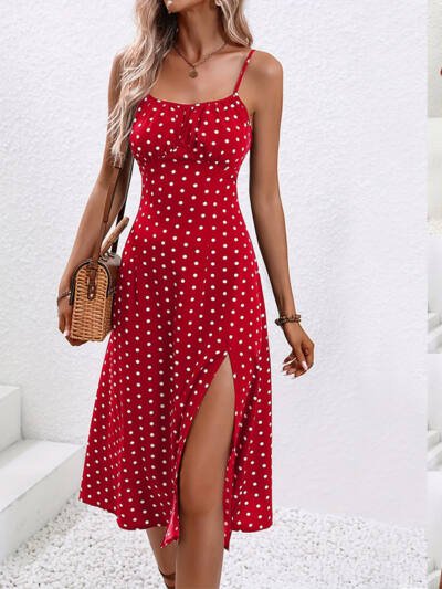 New Polka Dot Print Suspender Dress Summer Sexy Split Long Dresses For Womens Clothing