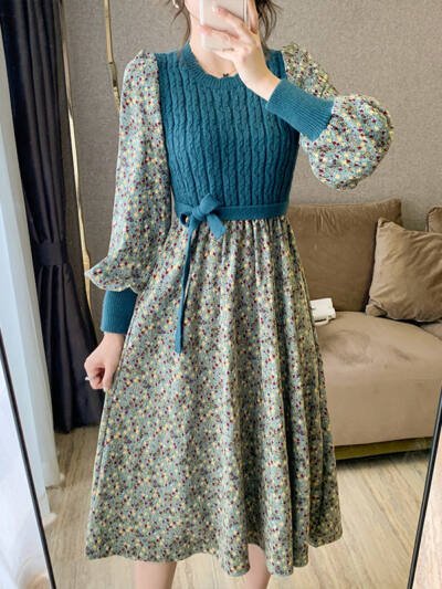Fashionable All-match Corduroy Floral Dress