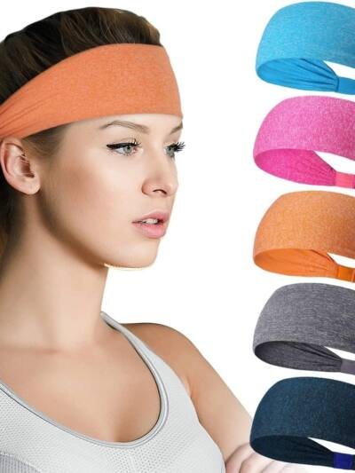 Sports Headbands For Men & Women -5 Pack,  Wicking Sweatbands, Elastic Non Slip Sweat Bands, Athletic Workout Fashion Wide Hair Bands For Running, Cycling, Basketball, Yoga