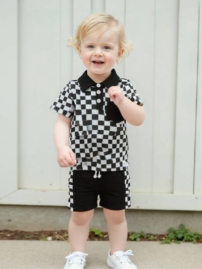 Boys' Checkered Lapel Shorts Suit