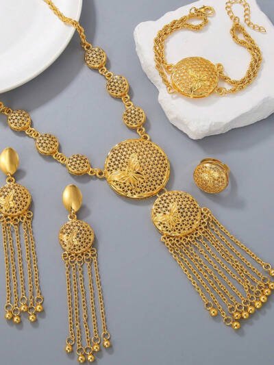 1 Set Of Fashionable And Gorgeous Butterfly Middle East Set, Wedding Decoration Necklace, Earrings, Bracelets, Ring Set For Women