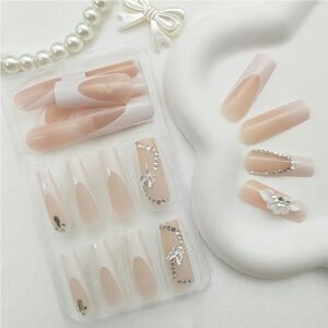 24 PCS White Flower Diamond Butterfly Nail Art, Long Length Long Water Pipe Fake Nails,Square Head Nail Tips False Nail