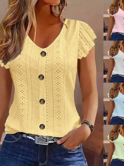 Solid Color Jacquard V-neck Buttons Long Sleeve T-shirt